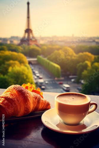 A cup of coffee and a croissant with the Eiffel Tower in the background. Selective focus.