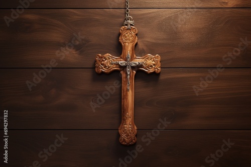 Wooden christian cross on a wooden background.Christian religion concept.