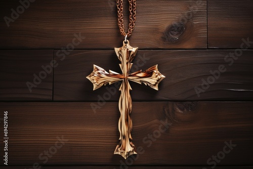 Wooden christian cross on a wooden background.Christian religion concept.