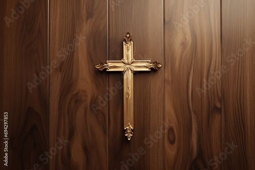 Wooden christian cross on a wooden background.Christian religion concept.