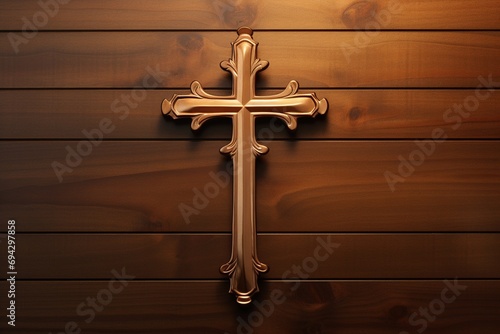 Wooden christian cross on a wooden background.Christian religion concept.