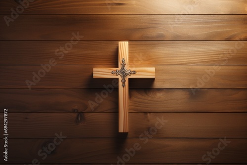 Wooden christian cross on a wooden background.Christian religion concept.