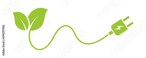 Cable and leaf vector icon. Electric cable with green leaf. Save ecology. Renewable energy. 