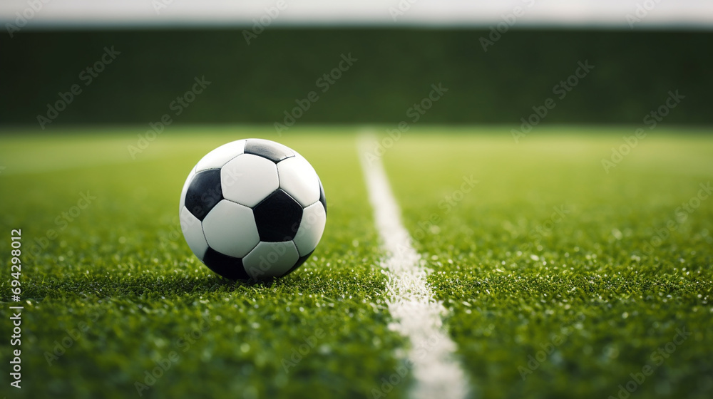 Fototapeta premium a soccer ball is lying on the grass on a soccer field with a white marking line, generative ai