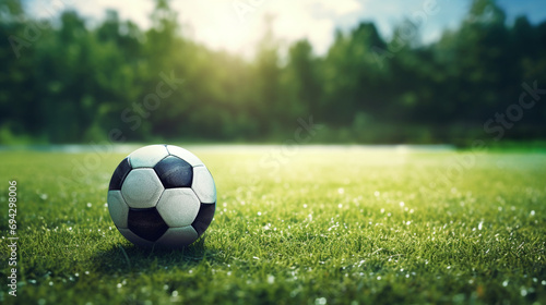 a soccer ball is lying on the grass on a soccer field, generative ai © Bogdan