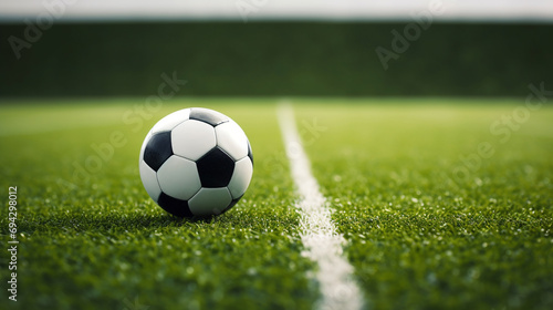a soccer ball is lying on the grass on a soccer field with a white marking line, generative ai
