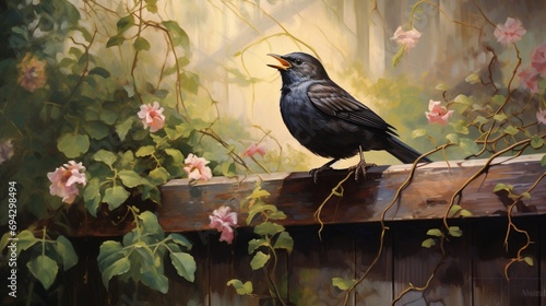 A blackbird singing its melodious tune, perched on a garden fence.