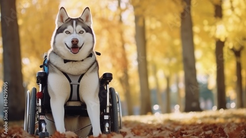 Disabled Siberian Husky sitting in a wheelchair looking at the camera at the park. Holiday morning. Clear sky.