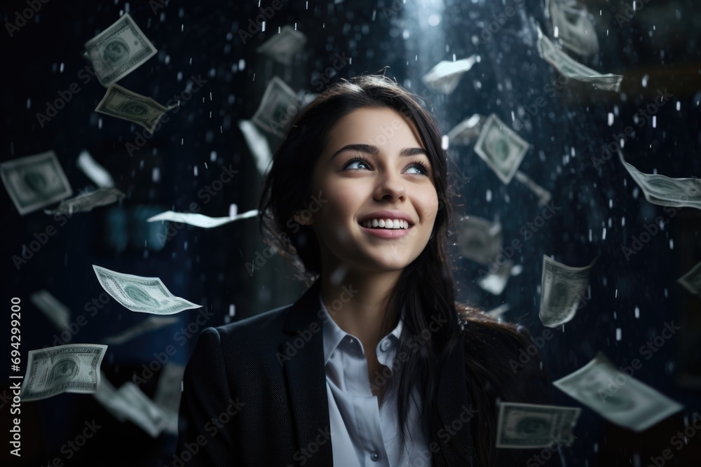 Wealthy shower: joyous cascade of money onto a blissful individual, embodying the triumphant concept of winning and amassing substantial wealth, a financial downpour symbolizing success and abundance. - obrazy, fototapety, plakaty 