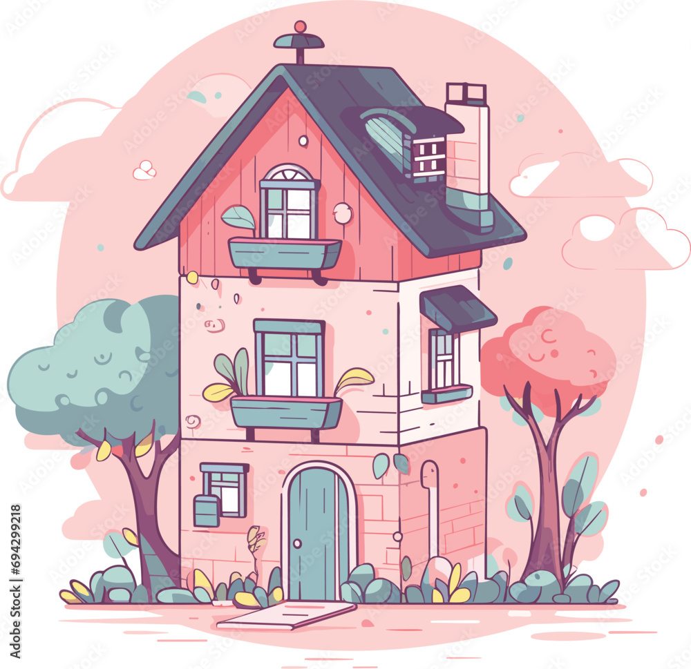 cartoon three-story house in kawaii style. vector illustration