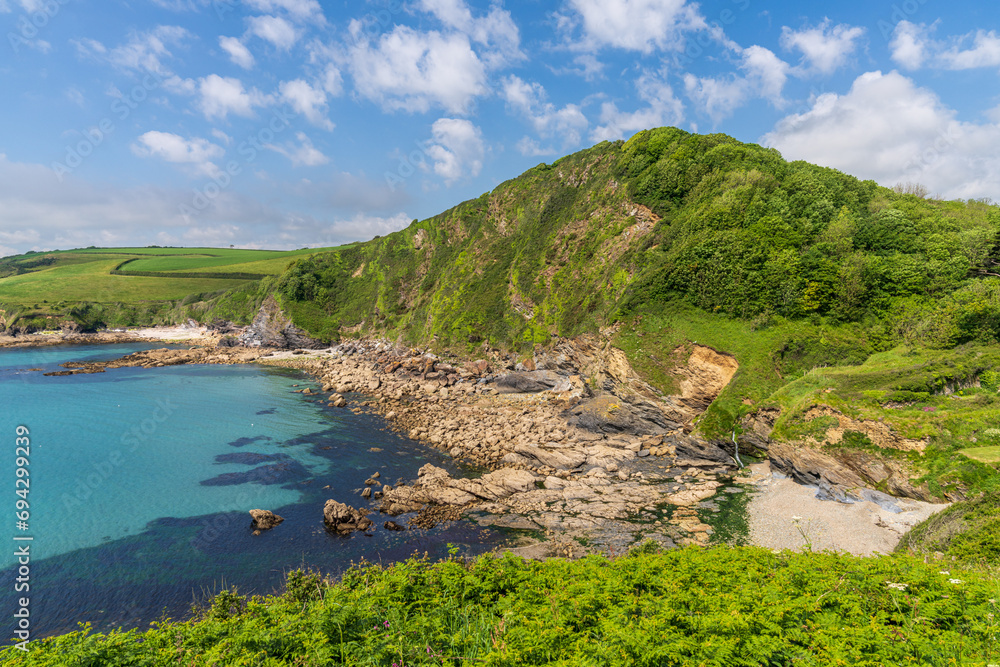Obraz premium Channel coast with beach and cliffs near Trenarren, Cornwall, England, UK