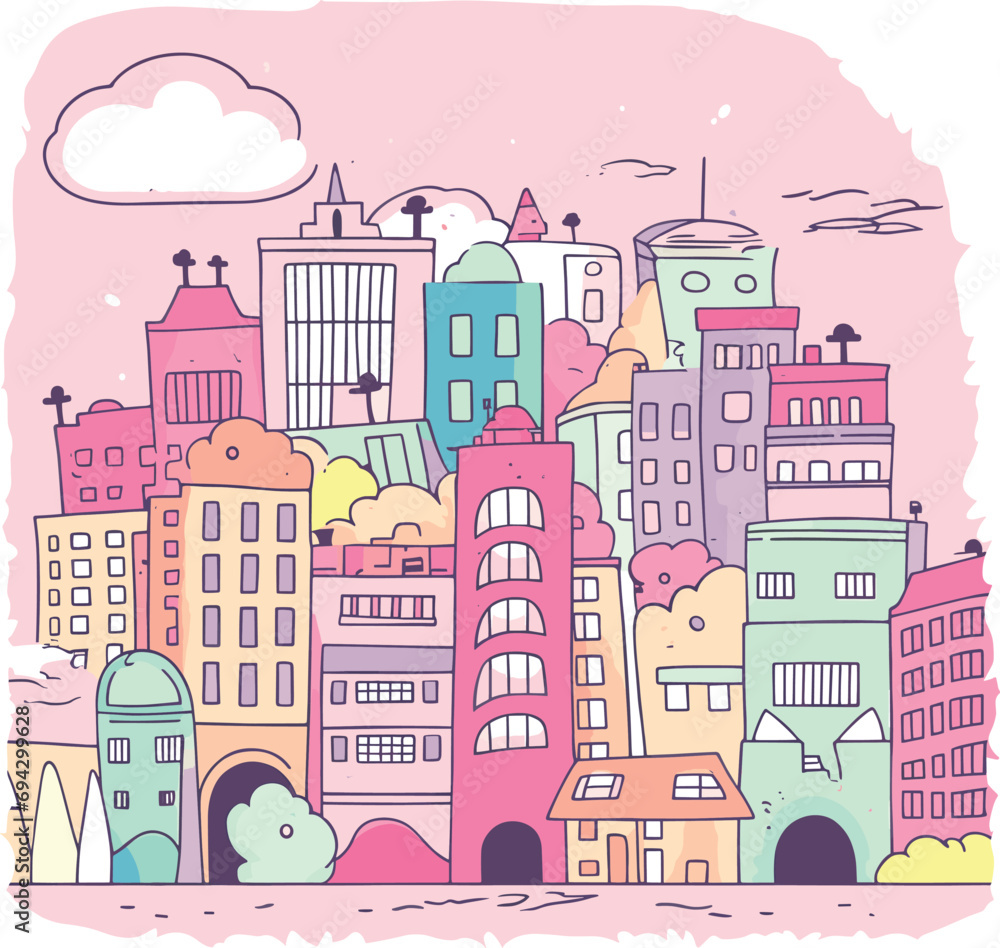 pink city in kawaii style. vector illustration