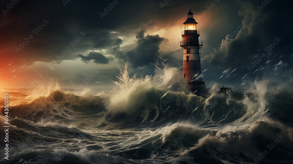 An ancient lighthouse on the seashore big storm 