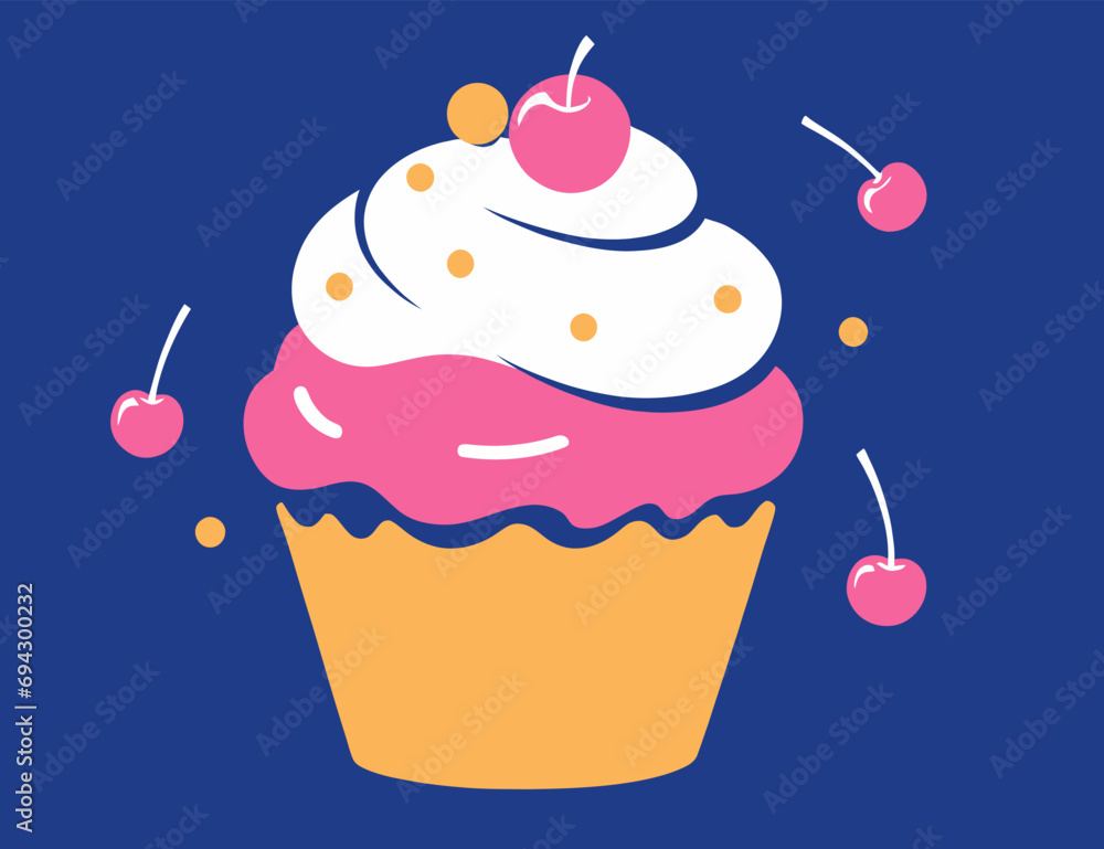 Cake with cherry on top, flat vector illustration. Cake with cherry on top, flat vector illustration.