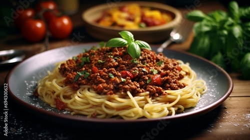 spaghetti with tomato sauce and basil. generative ai