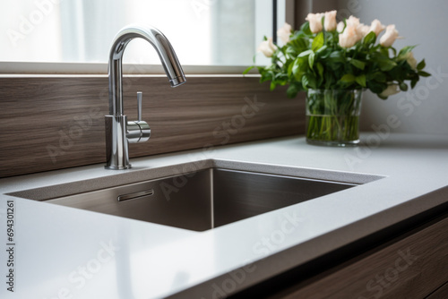 Elegant kitchen sink and faucet with flower bouquet photo