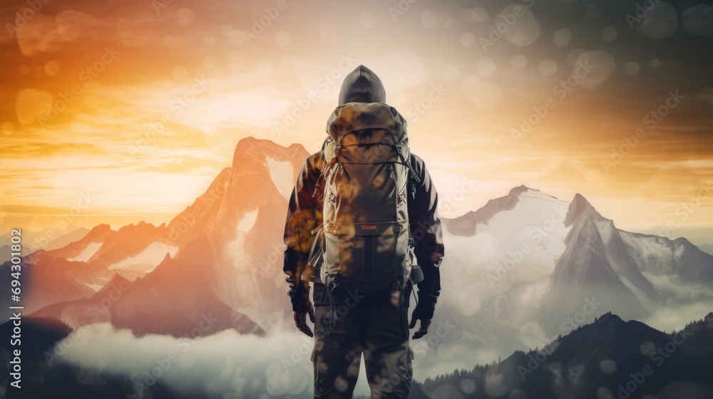 Hiker with misty mountains Hiker with misty mountains