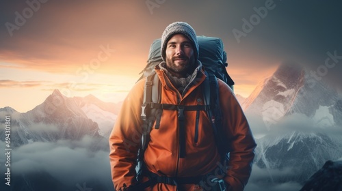 Hiker with misty mountains