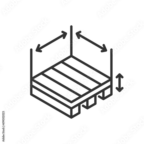 Pallet size, linear icon. For transferring and storing cargo. Isometric style. Line with editable stroke