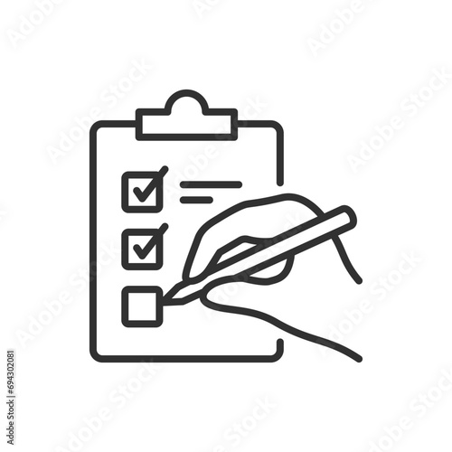 Hand filling out a checklist, linear icon. Clipboard with checklist. Line with editable stroke