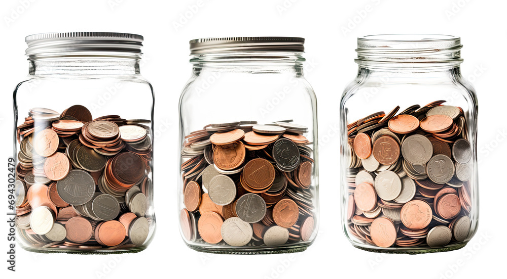 Collection of glass jar full of golden coins, isolated on transparent background Collection of glass jar full of golden coins, isolated on transparent background