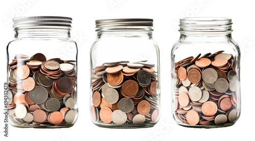 Collection of glass jar full of golden coins, isolated on transparent background