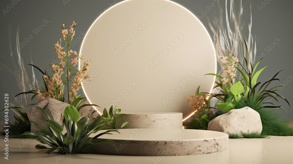 Nature scene with geometric Podium display background for product presentation Nature scene with geometric Podium display background for product presentation