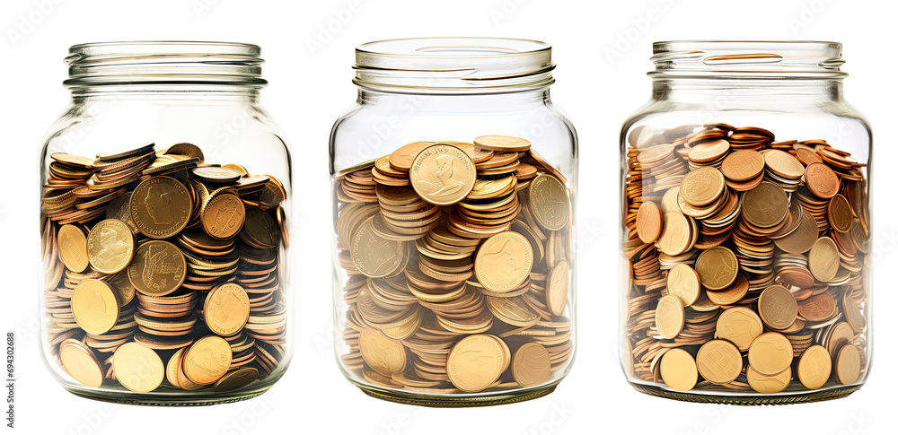 Collection of glass jar full of golden coins, isolated on transparent background Collection of glass jar full of golden coins, isolated on transparent background