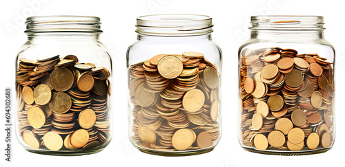 Collection of glass jar full of golden coins, isolated on transparent background