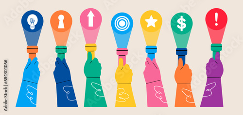 Hands with flashlight shines on the Various icons.  Dollar icon, arrow, goal, star, light bulb. Colorful vector illustration