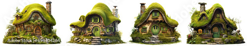 Moss cottage house cabin, magical fairytale house, moss witchy home made of stone and logs - isolated on transparent background