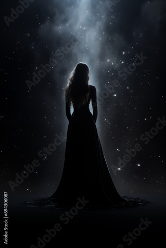 back view of a pretty young woman wearing a long flowing black dress - back view - full view - vibrant fantasy dark starry sky - fantasy black dress - silhouetted young woman