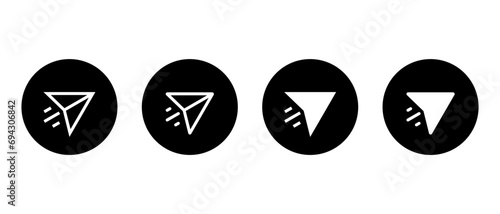 Share icon set in paper plane style on black circle. Repost social media symbol vector