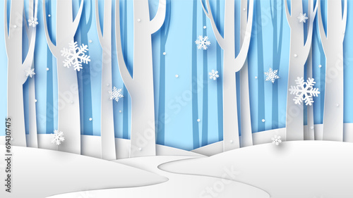 Illustration of Winter landscape with snow fall in forest. Merry Christmas and Happy New Year. paper cut and craft design. vector, illustration.	