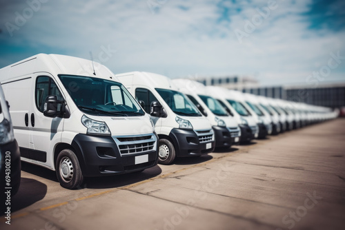 Row of white cargo vans lined up at a facility