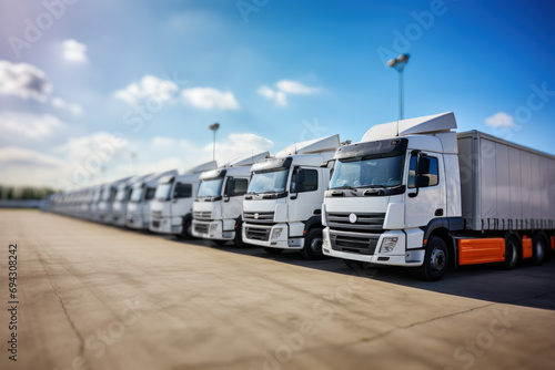 White semi trucks with trailers in distribution lot photo