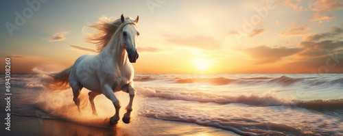 White horse galloping on sandy beach at sunset © Photocreo Bednarek