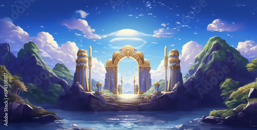 blue sky and sea, castle background on mountain, castle on mountain, gaming background, game level background, castle sunrise in the mountains