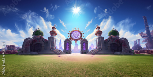 group of people in a concert, castle background on mountain, castle on mountain, gaming background, game level background, castle sunrise in the mountains