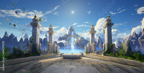 panorama of the mountains, castle background on mountain, castle on mountain, gaming background, game level background, castle sunrise in the mountains