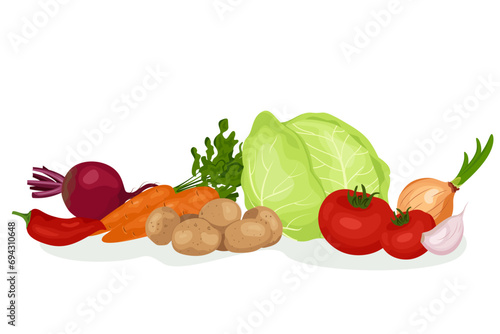 Fresh healthy vegetables banner. Vegetables ingredients for cooking borsch. Ukrainian red soup. Potatoes, beetroot, onion, carrot and cabbage, garlic. Flat vector on white background.