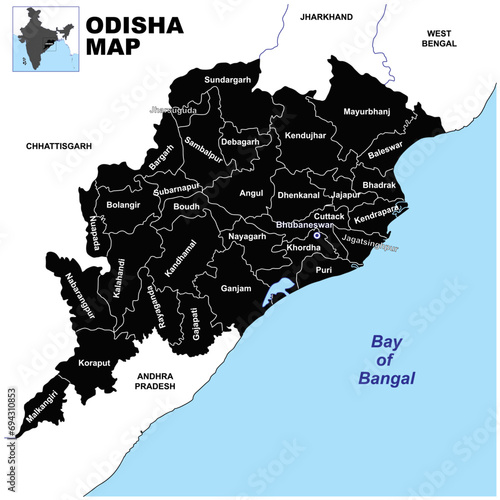 Silhouette Odisha map vector illustration on white background photo