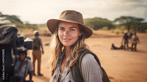 Woman tourist on expedition tour in Africa. © Julija