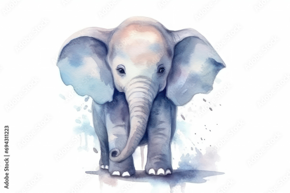 Cute 3D little elephant with big eyes kids cartoon illustration digital artwork isolated on white. Funny baby elephant, hand drawn watercolor for package, postcard, brochure, book