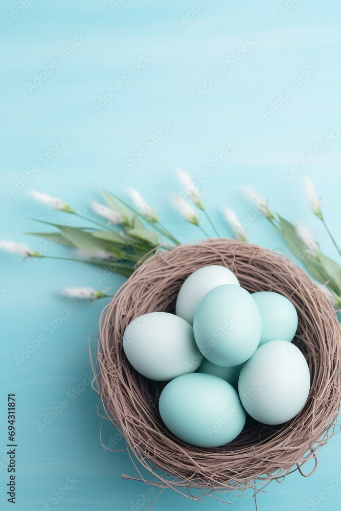 Pastel Blue Easter Eggs in Bird's Nest on Blurred Blue Background with Flowers. Top View Composition with Copy Space in Flat Lay Minimalist Style. Happy Easter Concept for Design, Postcard, Banner.