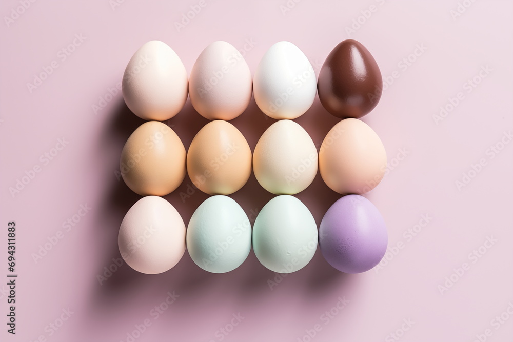 Pastel Easter Eggs in Minimalist Flat Lay Style on Pastel Pink Background. Close up Top View of Colored Eggs. Happy Easter, Diversity and Cosmetics Concept for Design, Postcard, Cover, Poster, Banner Pastel Easter Eggs in Minimalist Flat Lay Style on Pastel Pink Background. Close up Top View of Colored Eggs. Happy Easter, Diversity and Cosmetics Concept for Design, Postcard, Cover, Poster, Banner