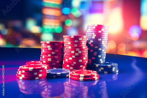 Stack of casino chips on casino table blur neon lights