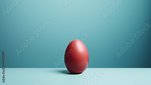 Single Red Easter Egg on Blue Background in Minimalist Style. Happy Easter Concept for Design, Postcard, Cover, Poster, Horizontal Banner.