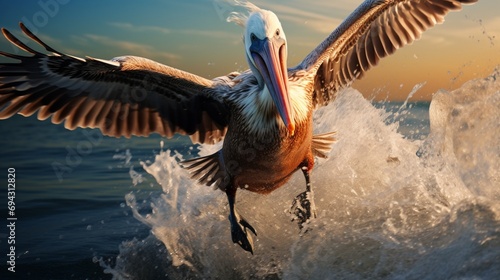 A pelican diving into the sea, creating a splash as it hunts for fish.