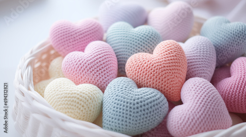 Colorful knitted hearts in the basket. Valentine's Day or Mother's Day concept